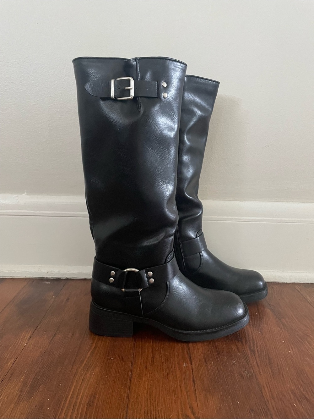 Black Knee High Buckle Moto Boots